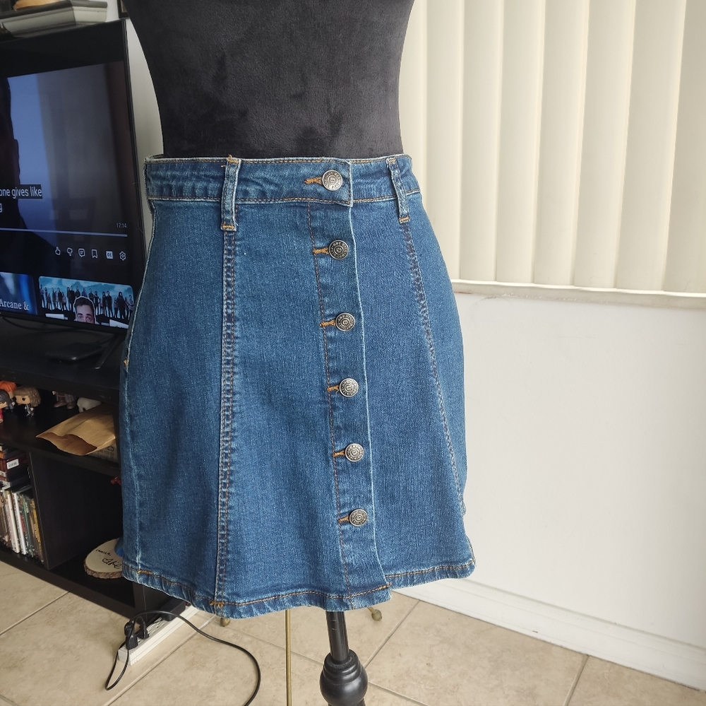 Vintage Hot Kiss Blue Denim Y2K A-Line Button-Front Skirt Size M